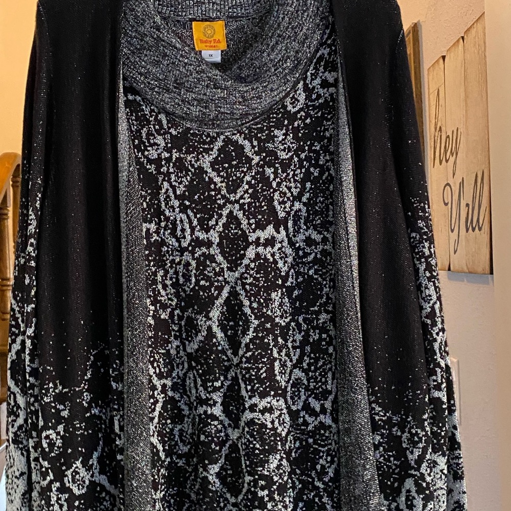 A dress sweater with coordinating cardigan purchased at Dillards. Size: XL